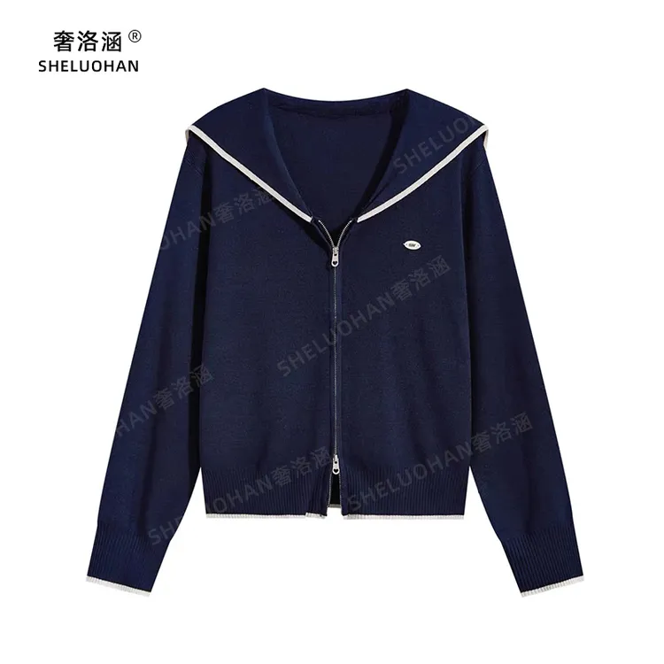 条纹海军领针织开衫女秋冬新款安迪绒学院风宽松拉链设计长袖毛衣