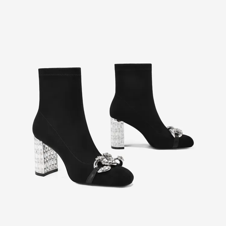 水钻粗跟短靴女2025冬季新款小个子高跟弹力瘦瘦靴黑色设计感靴子