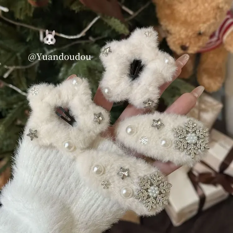 冬日来信~秋冬毛绒雪花星星发夹女侧边夹甜美可爱韩系发卡刘海夹