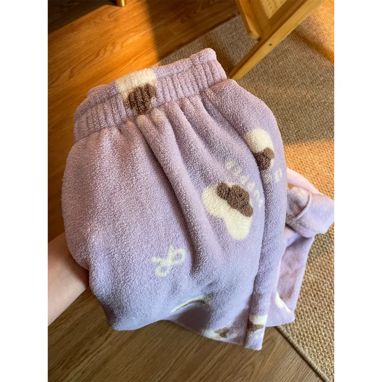卡通可爱软糯小熊珊瑚绒睡裤女秋冬新款加绒加厚保暖遛弯家居裤子