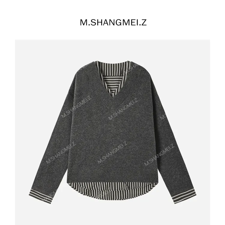 M.SHANGMEI.Z/沐熙【错位时空】美大哥假两件时尚v领毛衣X103123
