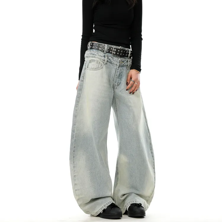 J LONE美式复古设计感双腰头弯刀牛仔裤男女宽松垂感阔腿拖地长裤
