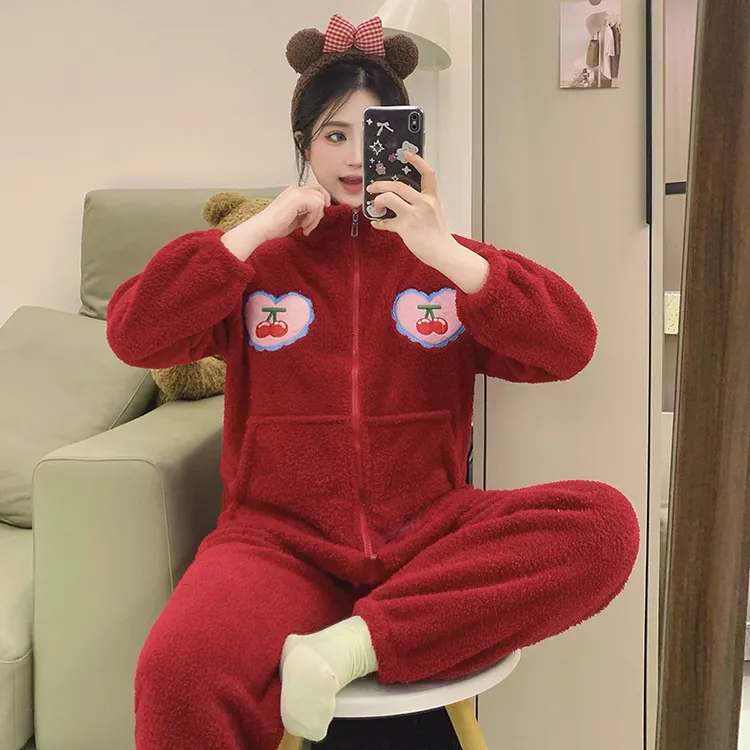 新款睡衣秋冬季女珊瑚绒套装加大码宽松加厚保暖半边绒拉链家居服