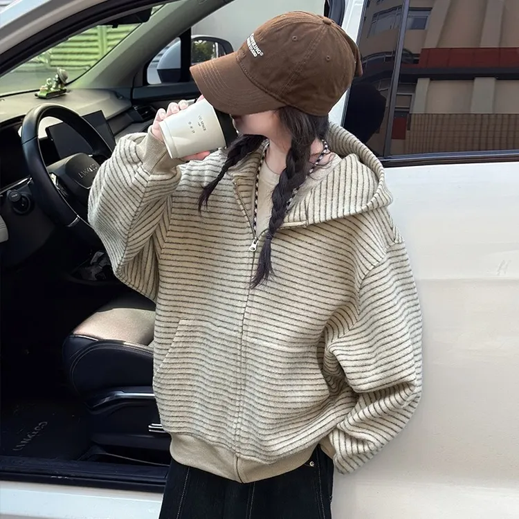 女童卫衣外套秋冬款儿童条纹连帽开衫冬季加绒时尚保暖慵懒风上衣