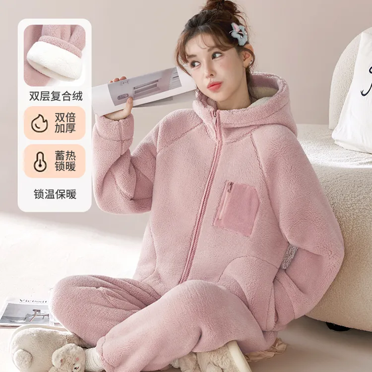 【加厚加厚！双层复合绒】防寒秋冬连帽可外穿法兰绒家居服睡衣套装
