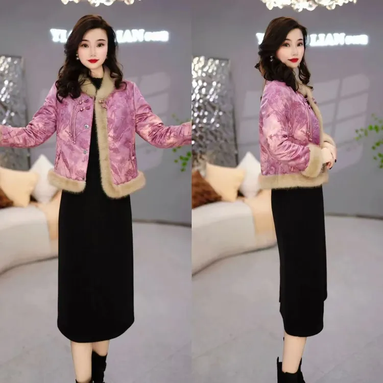 【外套+连衣裙】提花缎冬季新款国风洋气减龄气质连衣裙两件套装