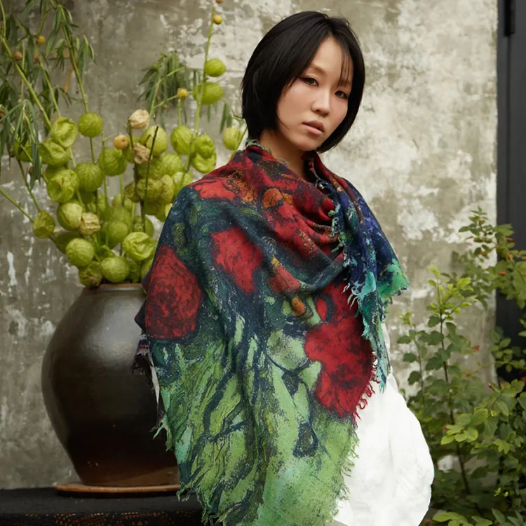 一束花-原创100%水煮羊毛围巾新中式复古方巾