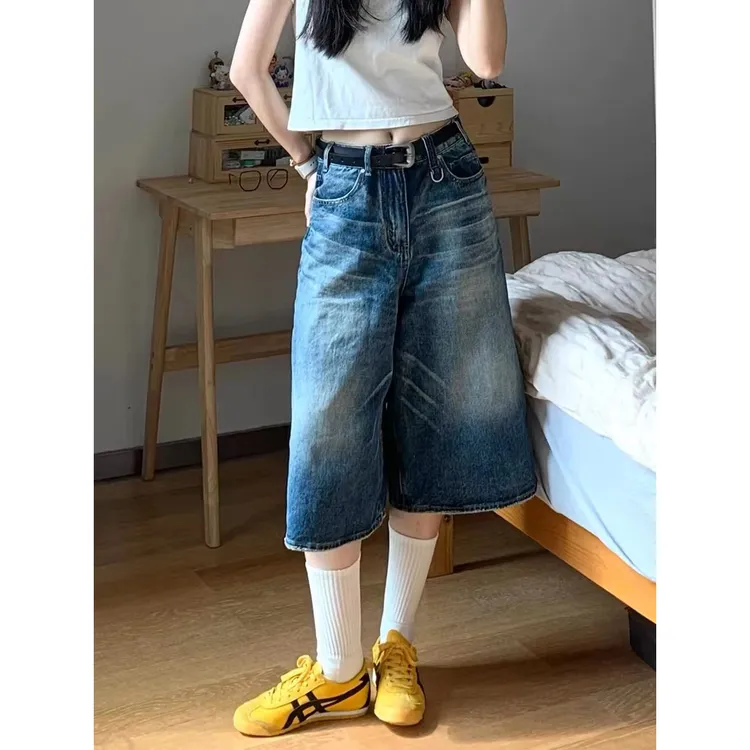 美式复古宽松廓形水洗做旧七分牛仔短裤女夏季高街设计感阔腿中裤