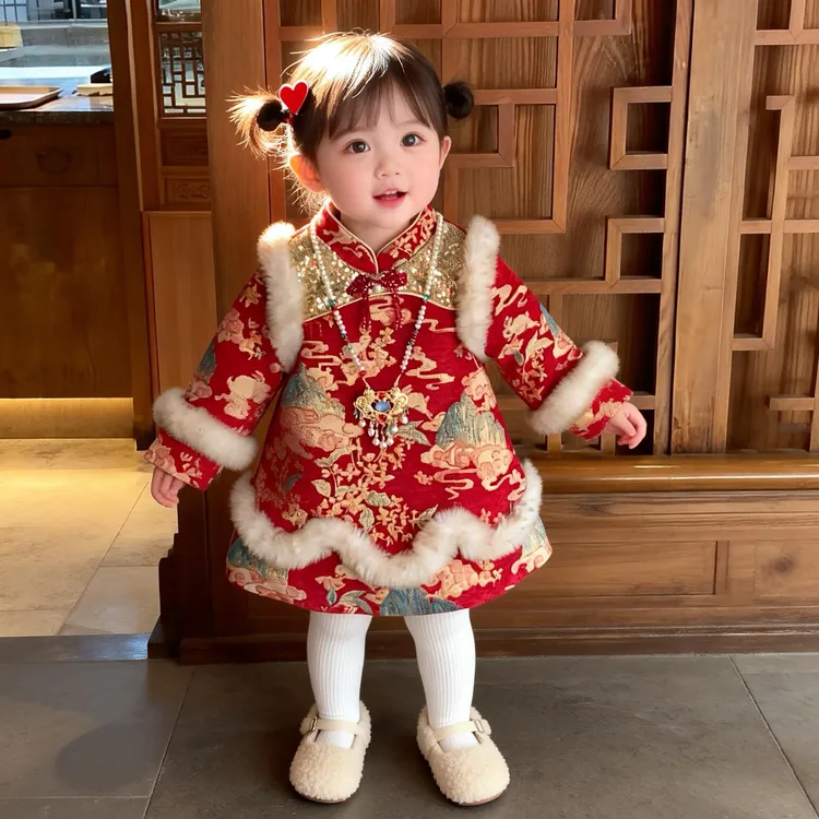 女0童冬装旗袍裙舒适加绒加厚裙中小0童拜年服周岁礼服汉服中国风