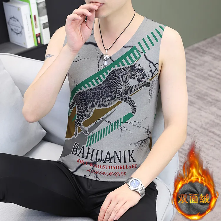 秋冬男士保暖背心数码个性印花V领双面绒坎肩无袖打底衫上衣