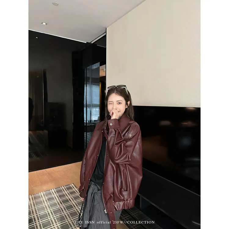 THEISSN宁司 pu皮短款宽松外套女秋季设计感夹克上衣 01412