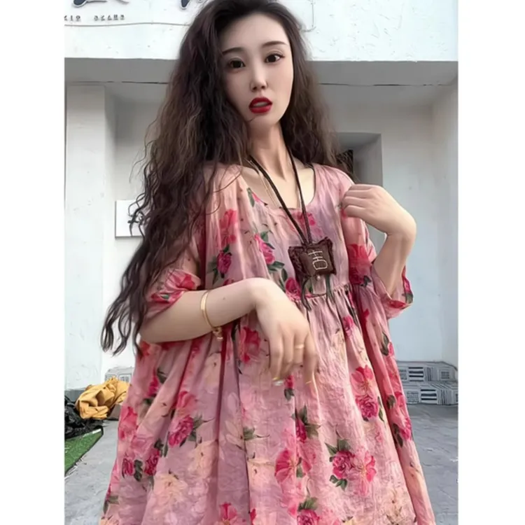 欧货高端粉色印花连衣裙女夏款高级感轻奢洋气宽松大码女装A字裙