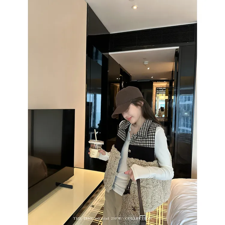 THEISSN宁司 拼接格纹设计感毛绒外套女秋季 01519