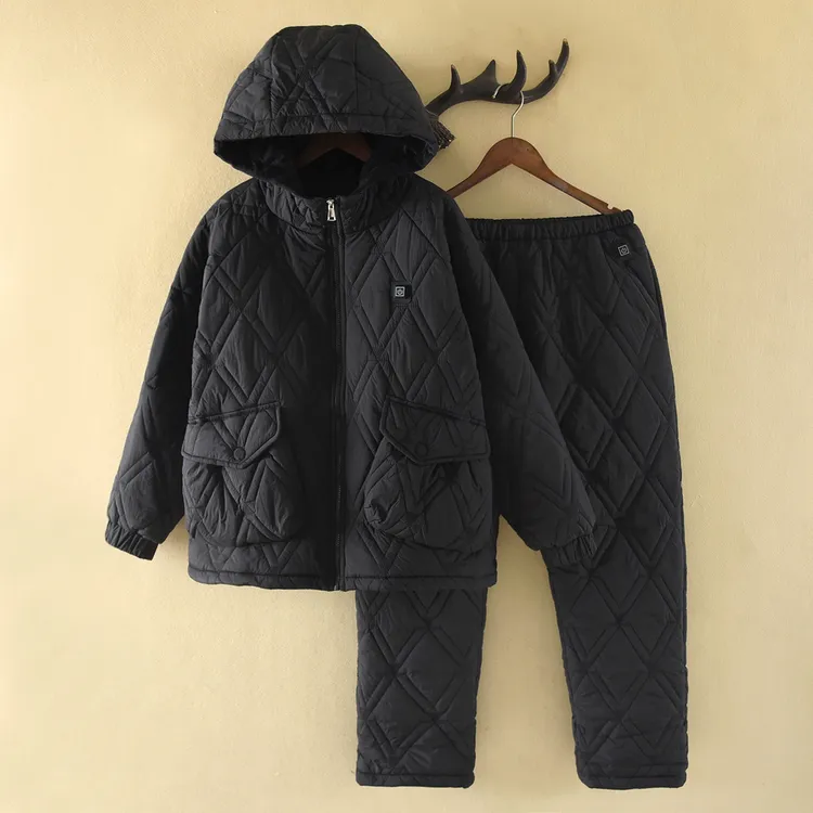 加热款【防风防水】情侣睡衣女冬季梭织夹棉三层加厚男士家居服黑色