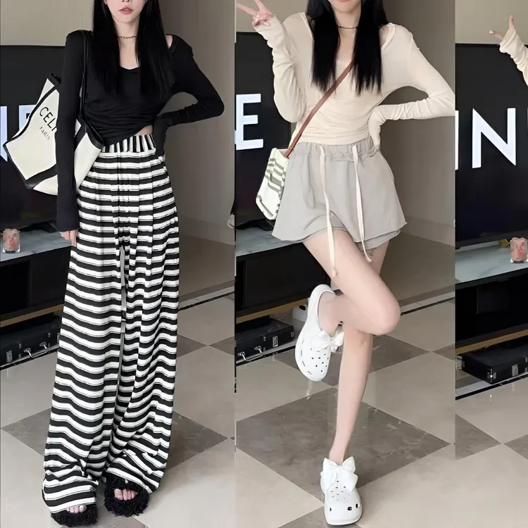 【XY】穿搭一整套辣妹风修身显瘦V领长袖针织上衣+阔腿条纹长裤套装