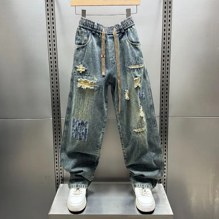 森马火利购男士潮牌春夏设计感刮烂牛仔裤复古破洞老爹裤宽松阔腿
