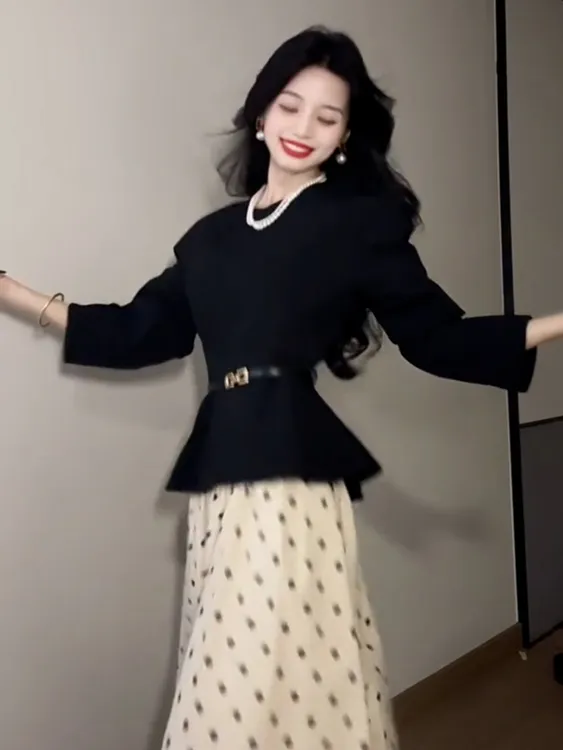 法式轻熟风高级感黑色圆领掐腰长袖衬衫波点半身裙套装女秋季2025