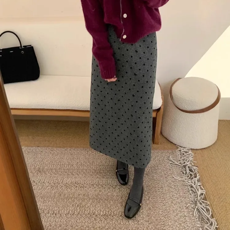 韩系灰色波点毛呢半身裙女秋冬梨形身材直筒裙开衩中长款a字裙