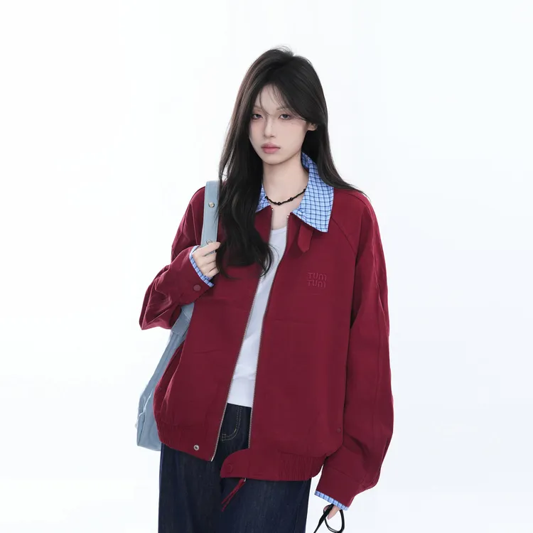 撞色拼接假两件外套男女春秋2025美式复古宽松情侣翻领开衫夹克潮