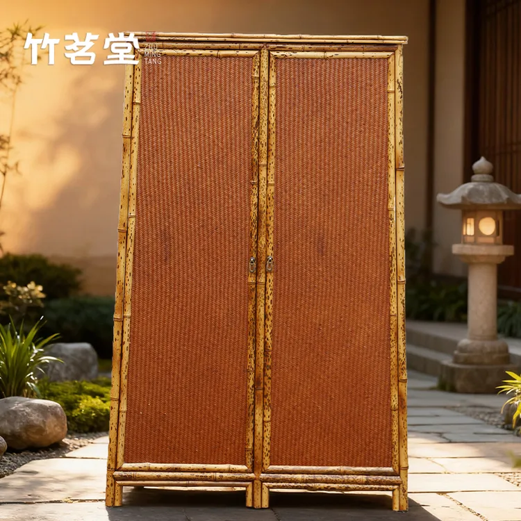 明式复古梅鹿竹茶柜面条柜中式手编席面茶棚储物柜茶道器具收纳柜