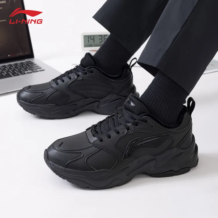 李宁脉冲男款老爹鞋2025冬季加绒保暖厚底增高舒适百搭黑色运动鞋