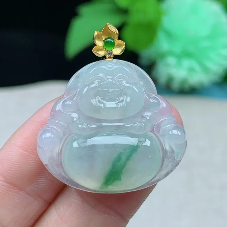 t缅甸天然翡翠A货26.6-29.7-5.9玉石冰种飘花佛公吊坠礼物镶嵌女