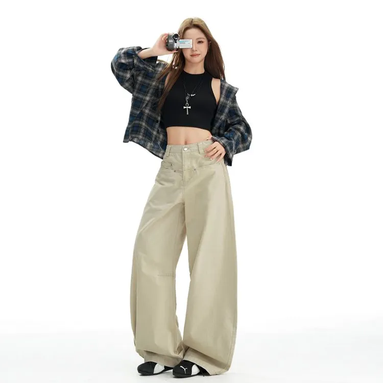 美式卡其工装休闲裤女2025秋季新款高腰百搭阔腿宽松显瘦直筒裤子