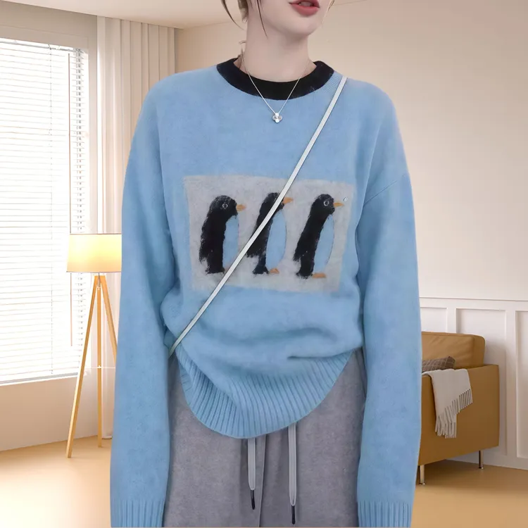 蓝色卡通企鹅长袖针织衫毛衣女2025秋冬季新款宽松慵懒风圆领上衣