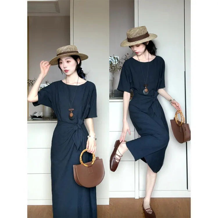 parkyeon法式不规则绑带连衣裙女夏季新款气质高级感收腰显瘦长裙