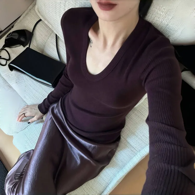 高定春秋天丝莱赛尔鹅蛋领长袖针织打底衫高级感修身显瘦上衣女