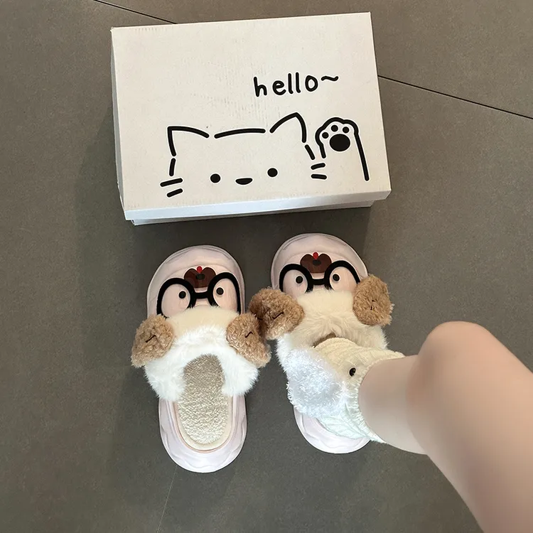 时尚可爱配饰毛绒拼接包头半拖鞋女款2025冬季新款居家毛毛棉拖鞋