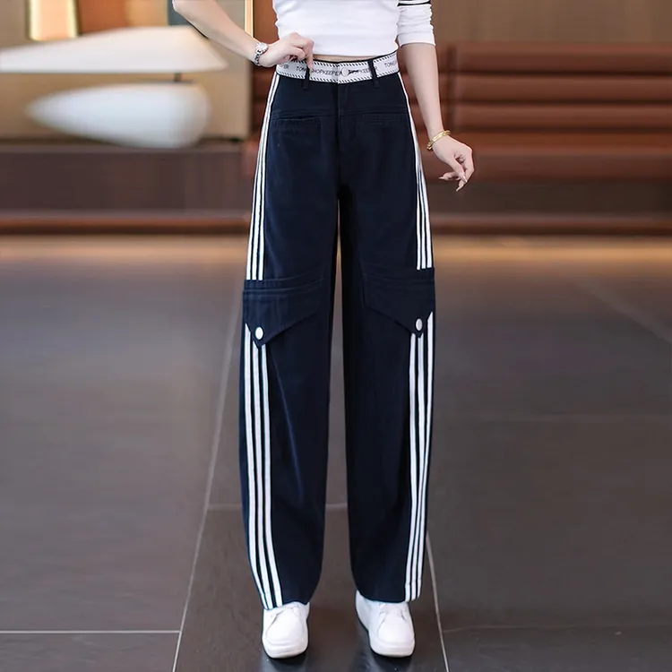 拉夏贝尔个性拼接高腰弯刀工装裤2025年女秋季宽松直筒运动休闲裤