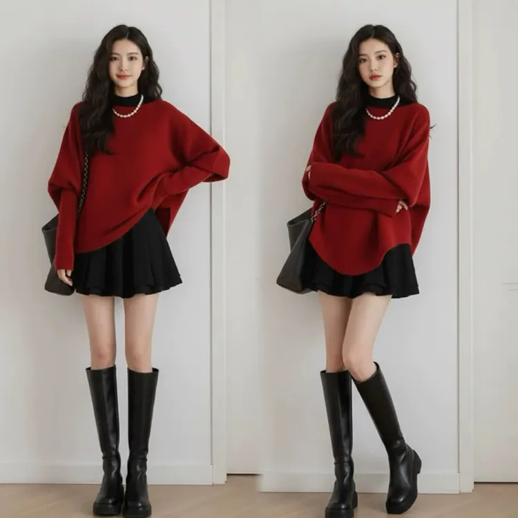圣诞氛围感红色套头设计感上衣叠穿高级感小黑裙显瘦套装