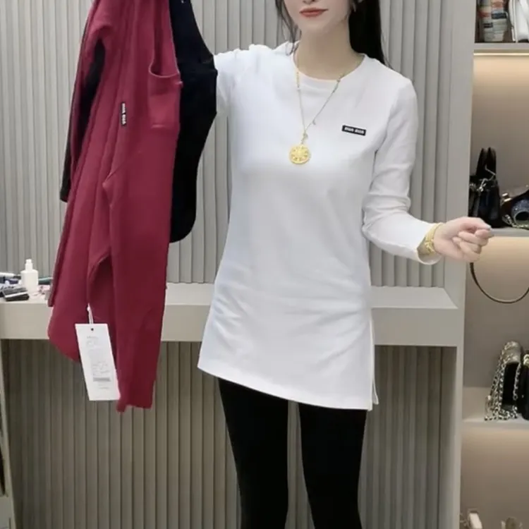 圆领修身型纯色长袖反光夜视T恤时尚春秋中长款春季