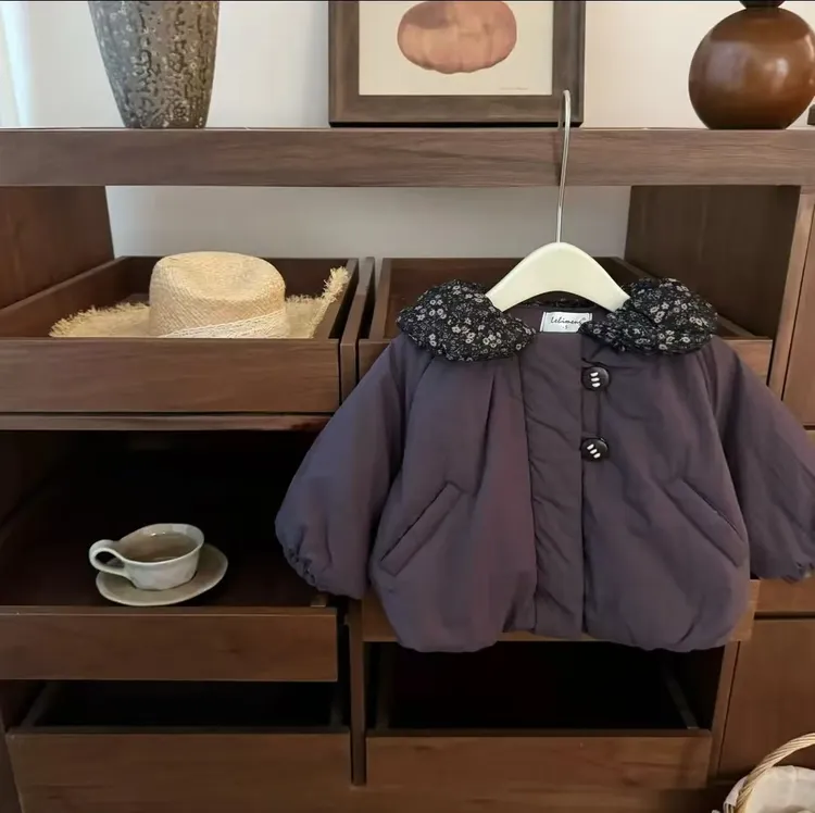 女童冬季韩版洋气翻领加绒加厚夹棉棉服公主风保暖女宝宝冬装外套