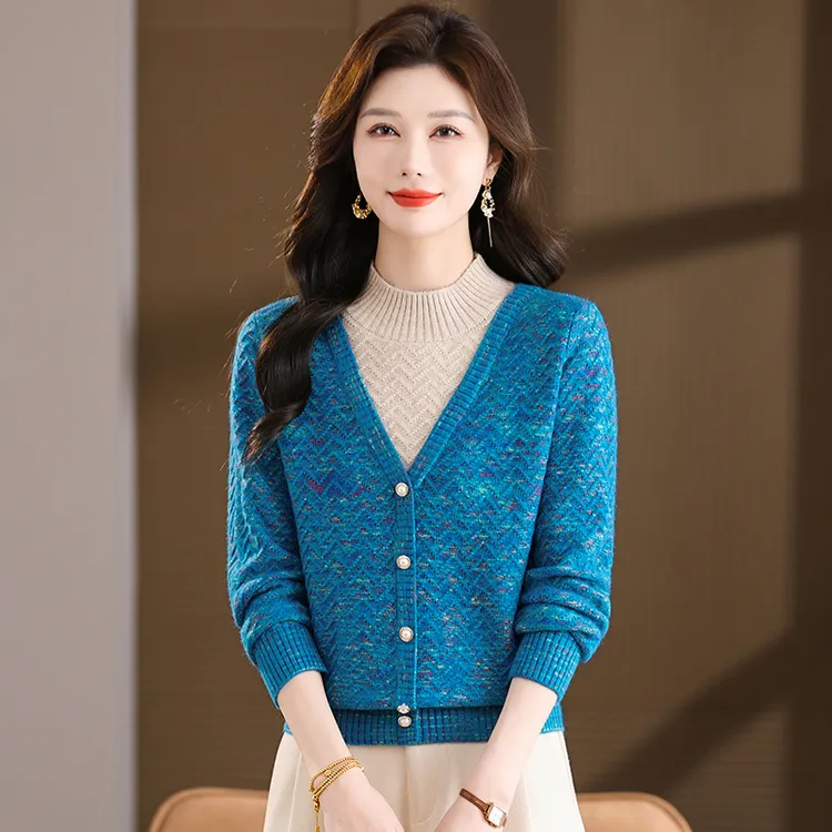 半高领假两件厚款气质长袖针织衫女宽松套头洋气打底上衣