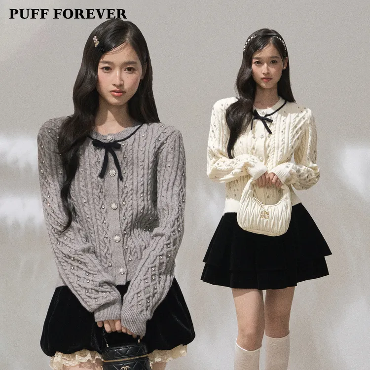 PUFFFOREVER“钻影流光”烫钻蝴蝶结韩系百搭修身毛衣针织开衫