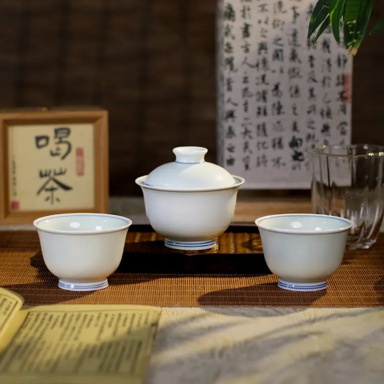 景德镇草木青素色悬停盖碗主人杯公道杯茶具套装高档个人专用泡茶