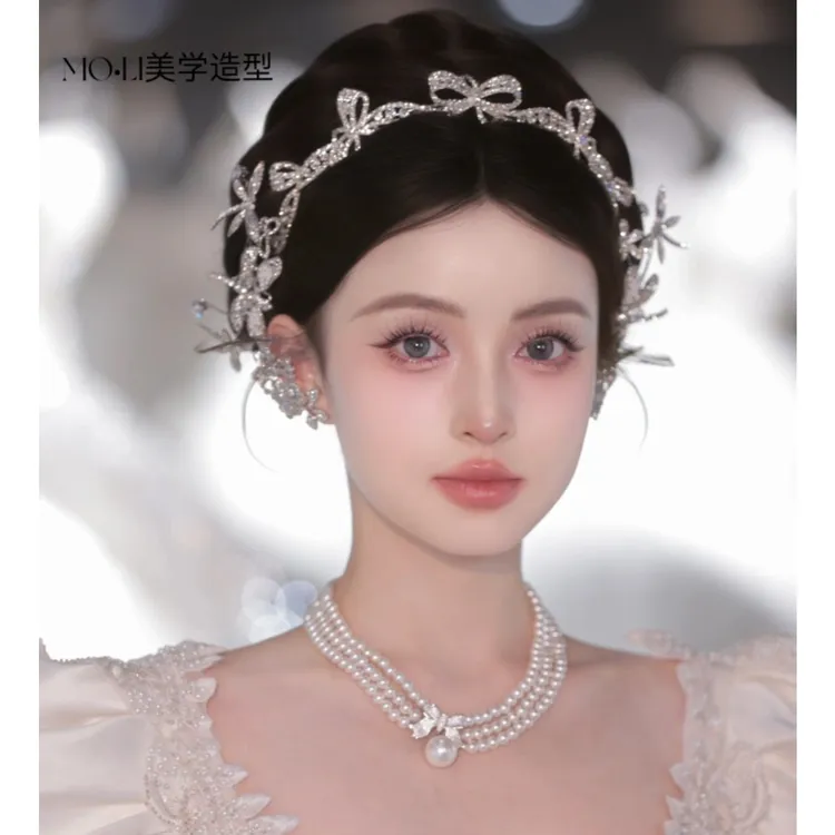 6866简约韩式闪钻蝴蝶结新娘皇冠婚礼发饰写真发箍影楼跟妆配饰