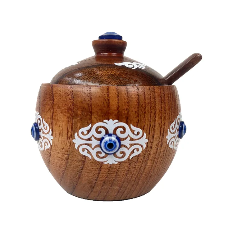 工艺品 纯手工 特色手工家用带盖花纹茶道圆形木质盐盒创意调料罐