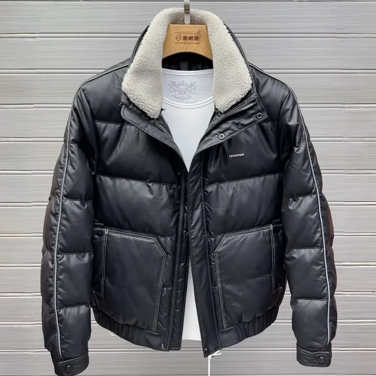 高品质PU皮羽绒服男款韩版潮流加厚保暖皮夹克冬季新款白鸭绒外套