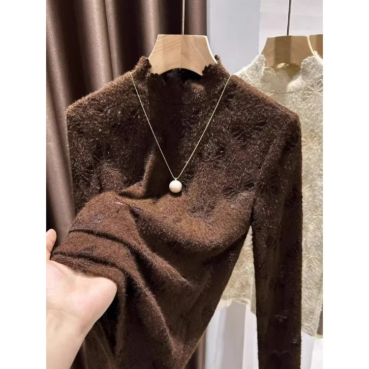 芯娇晴美拉德蝴蝶蕾丝打底衫女秋冬波浪边半高领内搭软糯磨毛上衣