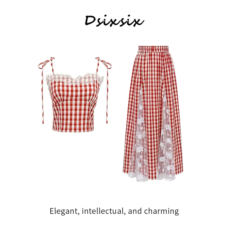 Yeah Me-【格蕾小姐】夏季少女蕾丝拼接格子减龄甜美吊带连衣裙套装