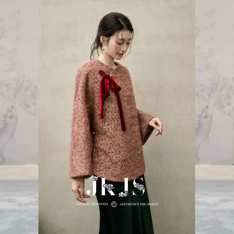 JKJS【酒心甜樱】羊毛粗花呢外套高级感秋冬新款新中式加厚上衣