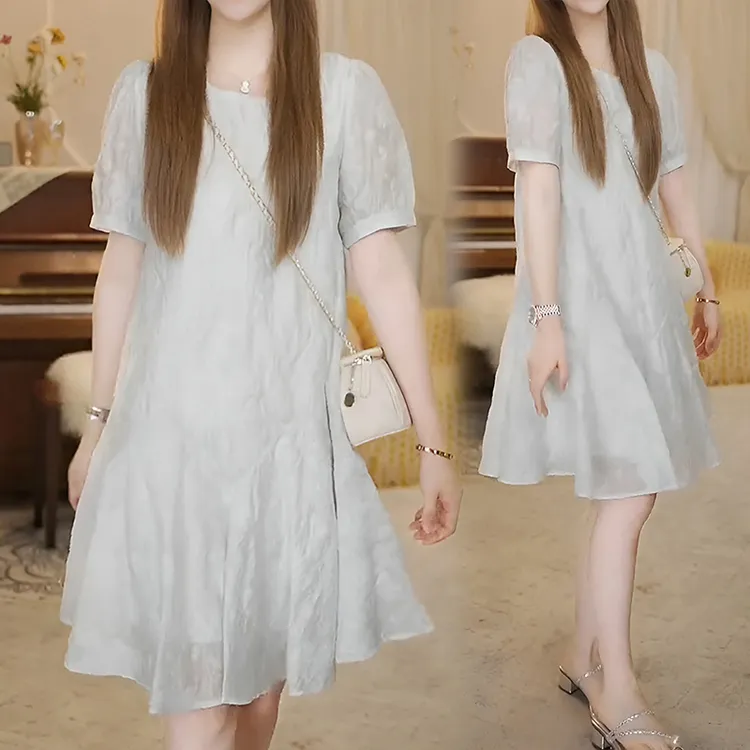 连衣裙女夏季2025新款法式气质白色短袖宽松显瘦小个子温柔风裙子