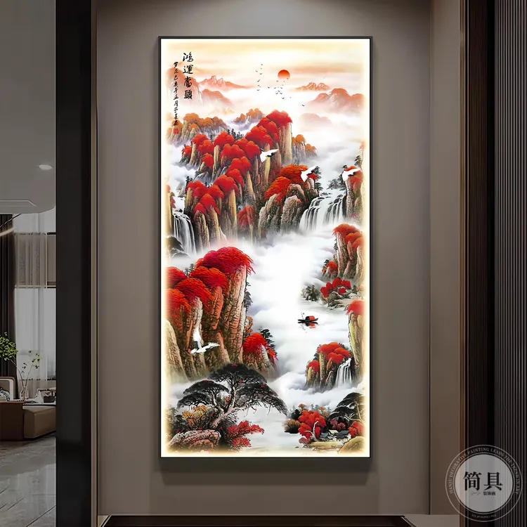 《鸿运当头》国画玄关装饰画镶钻带灯走廊过道山水画竖版挂画墙壁画