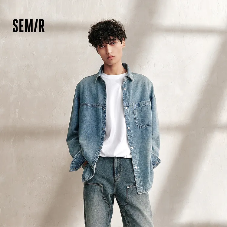 森柔牛仔|森马长袖衬衫男复古水洗牛仔外套秋季宽松上衣内搭外穿