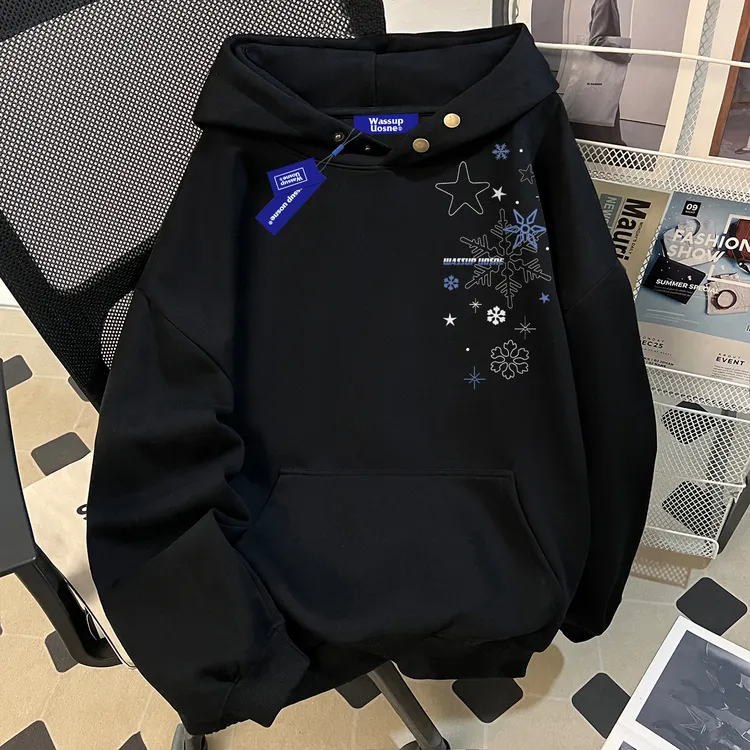 潮牌高街重磅套头连帽卫衣男秋季款oversize硬挺百搭美式纽扣长袖