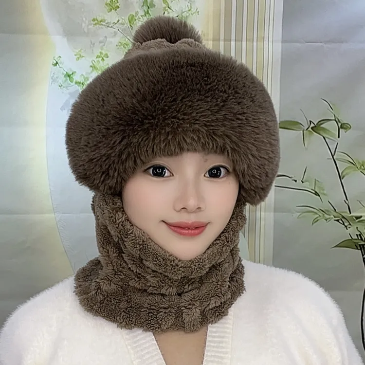 （遮白发包头帽）大毛领加厚包头帽提花绒双层保暖帽百搭毛绒护耳帽