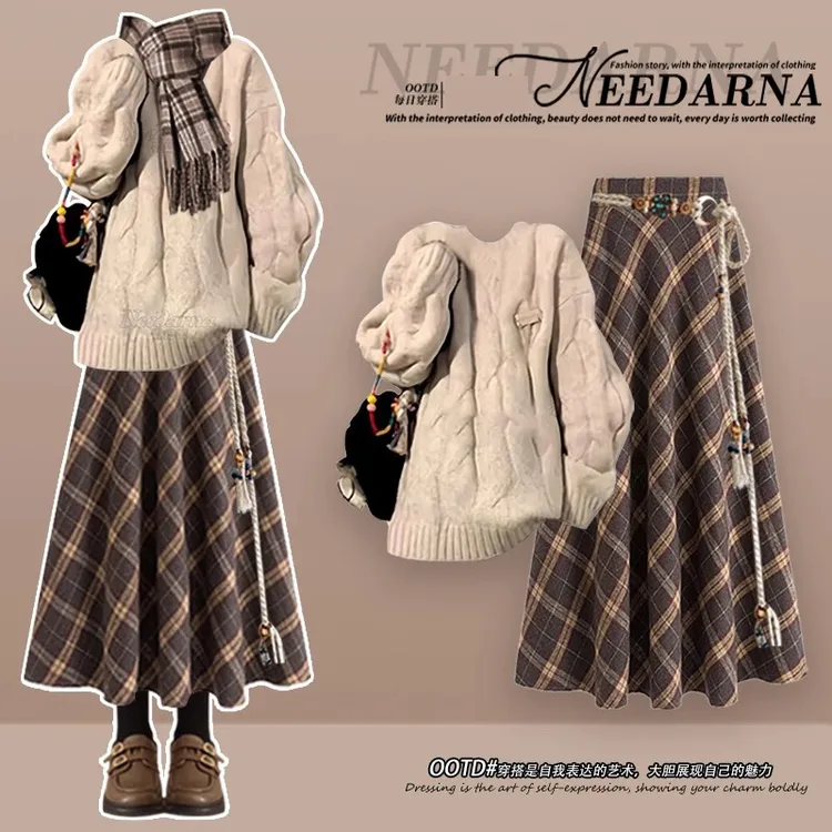 韩系学院风毛衣针织连衣裙子巨好看的深秋初冬季美拉德穿搭格纹裙